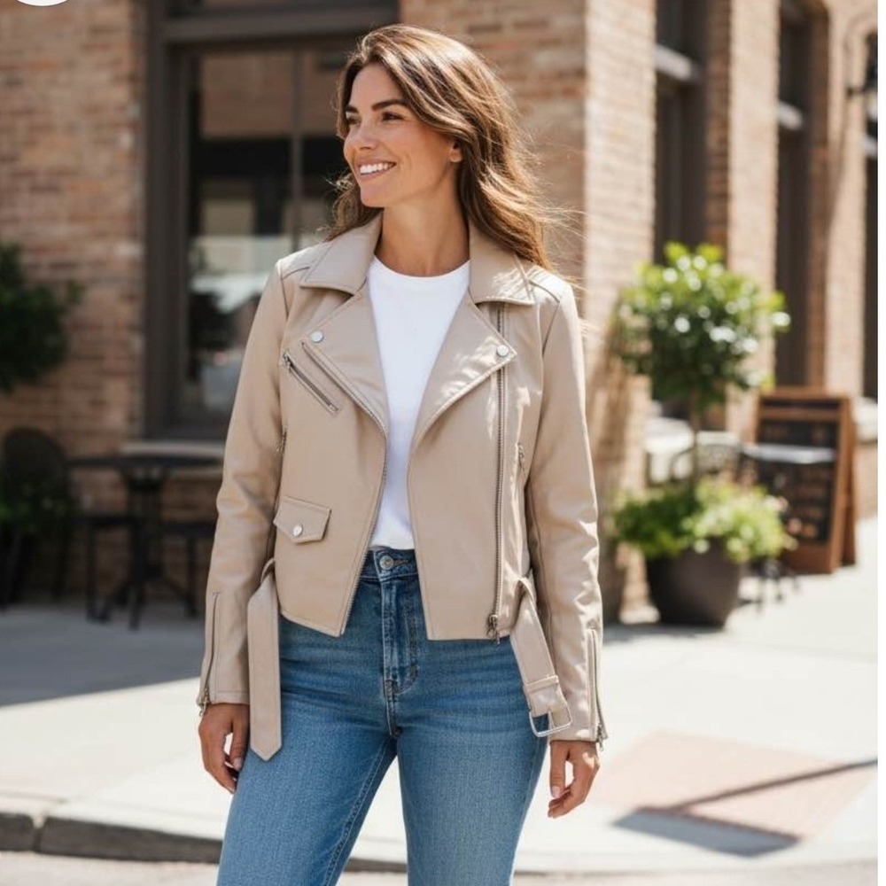 Tuba Butik Womens Beige Vegan Leather Moto Biker Jacket Belted Cropped Large